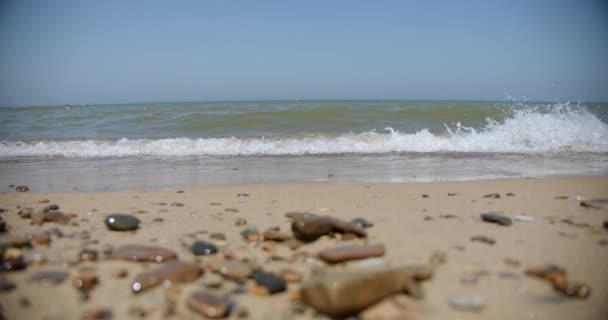 Мягкая волна моря на песчаном пляже. Улитка камешек Крупный план замедленная съемка 4k — стоковое видео