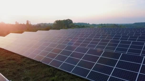 Повітряний безпілотник Політ на заході сонця над сонячними панелями Farm Green Energy Ver 9 — стокове відео