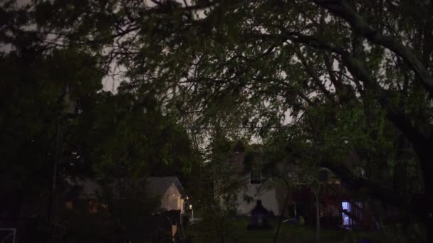 Гроза. Жесткий дождь с громом в ночи с молнией в пригороде, деревья на улице Вер 2 — стоковое видео