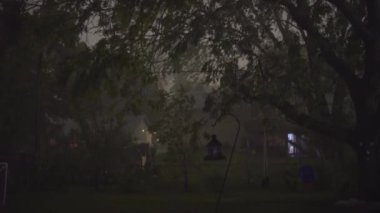 Fırtına. Hard Rain banliyölerinde şimşek ile gece yıldırım whit, arka bahçesinde ağaçlar