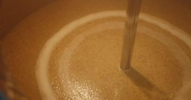 Fabrication de bière dans une brasserie artisanale, bouilloire avec bière à l'intérieur, bière coulante. Gros plan vue du dessus Ver 2 — Video