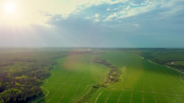 Vacker natur, antenn drönare syn på landsbygdens landsbygd landskap, Shining Sun Sunset Sky Horizon ver 3 — Stockvideo