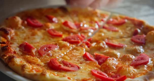 Chef snijdt een peperoni pizza in meerdere plakjes met een pizzasnijder. Slow motion close-up. Ver 2 — Stockvideo