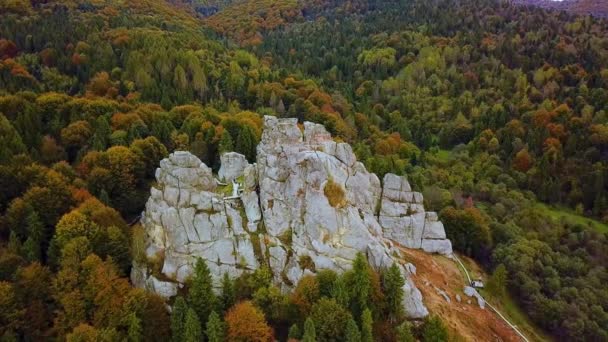 Uitzicht op de drone vanuit de lucht, grote rotsen in de herfstkroon van bomen, dennen, schoonheid van de natuur. Beelden. Ver 4 — Stockvideo