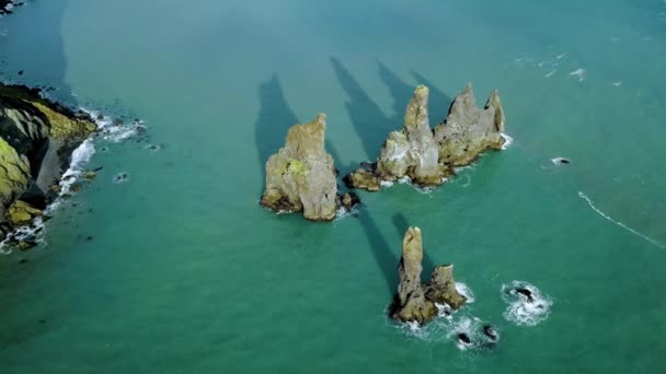 Drone aéreo vista filmefalésias altas no oceano Reynisfjara, Vik Islândia Reynisfjara Beach Ver2 — Vídeo de Stock