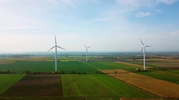 Aerial Drone view. Wind turbines and agricultural fields on a summer day. Ver 3 — Stock Video