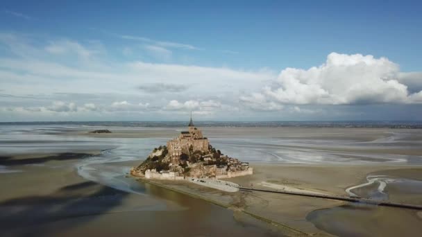 Aerial Drone view of Le Mont Saint Michel, iconic island and monastery at suny day, Normandy, France Wide shot. Ver 6 — Stockvideo