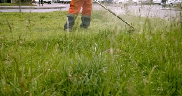 Arbetare i orange overall klipper gräset på gräsmattan med en bensingräsklippare, slow motion front view — Stockvideo