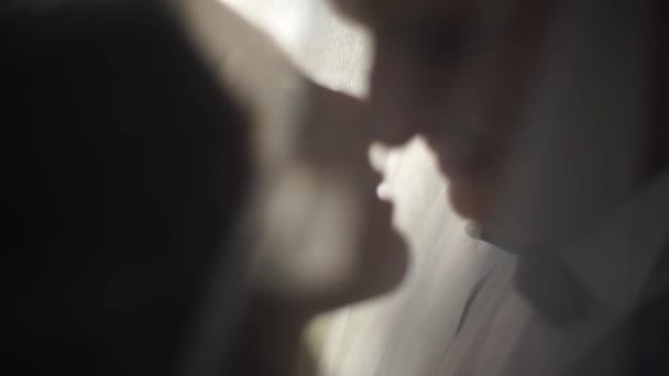 Розмиті силуети нареченого і нареченої цілуються під завісою на фоні заходу сонця в лісі CLose Up — стокове відео