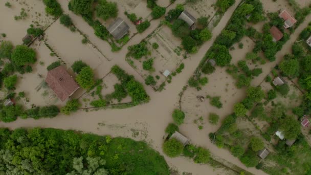 Aerial Drone view. Flooded suburbs, houses in the water Depiction of flooding mudslide. Top view — Stock Video