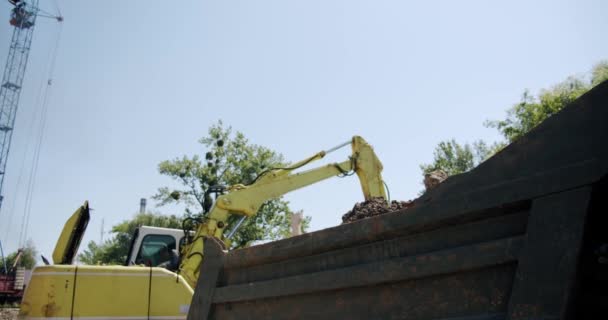 노란 발굴자가 운송 트럭 에 땅을 싣는다. 닫아 — 비디오