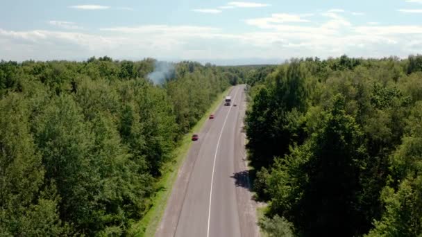 Vue Aérienne du Camion Blanc avec Semi-remorque cargo et plusieurs voitures se déplaçant sur la route dans la forêt. V2
