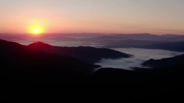 Veduta aerea del drone. Alba o tramonto in montagna, sorvolando gli alberi al sole Ampia vista — Video Stock