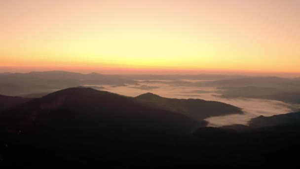 Il drone aereo e 'ancora visibile. Alba o tramonto in montagna, sorvolando gli alberi al sole V5 — Video Stock