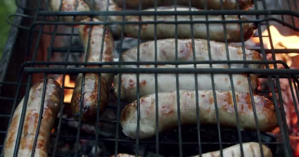 香肠在篝火中油炸，慢动作，慢动作 — 图库视频影像