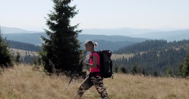 Sırt çantasıyla dağlarda yürüyüş yapan bir kadın, macerasının tadını çıkarıyor. Yavaş çekim V2 — Stok video