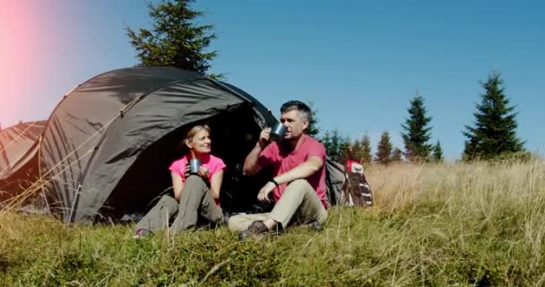 Jovem e mulher segurando copos com bebidas sentadas perto da tenda e do carro na montanha durante o dia ensolarado. — Vídeo de Stock