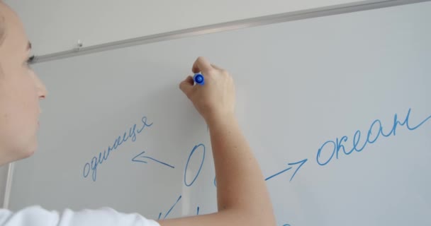 Kvinnlig lärare skriver på vita tavlan i ett klassrum. Närbild — Stockvideo