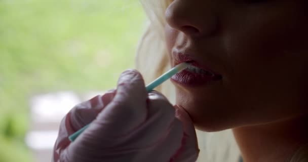 Vista de cerca de un artista de maquillaje profesional que aplica lápiz labial en los labios de los modelos que trabajan en la industria de la moda de belleza vista de una mano con un cepillo especial. Lento. — Vídeos de Stock