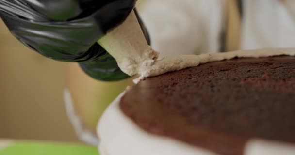 Закрывай. Женские руки делают торт с белым кремом и печеньем. V7 — стоковое видео
