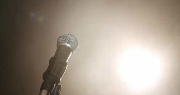 The girl singer approaches the microphone and begins to sing, the scene in smoke. Close up — Stock Video