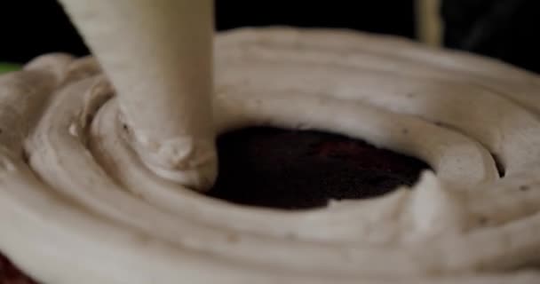 Близько. Жіночі руки роблять торт з білим кремом і печивом. Вид зверху V2 — стокове відео