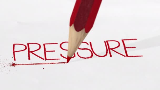 Pressure Word Written Red Strongly Underlined Pencil Breaks Tip Close — Stock Video