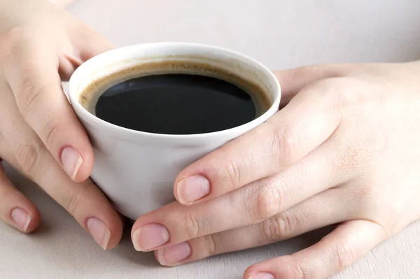 Hands Holding Cup Coffee Bright Table — Stock Photo, Image