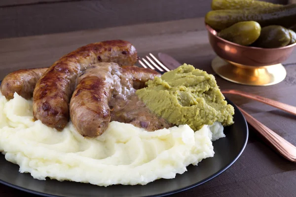 Engelsk Korv Med Potatismos Och Brunsås — Stockfoto