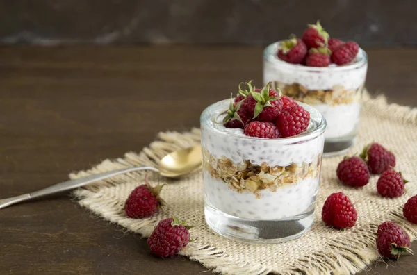 Iogurte Natural Com Sementes Chia Framboesas — Fotografia de Stock