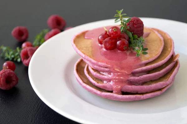 Berry Vegetarian Homemade Pancakes White Plate — Stock Photo, Image