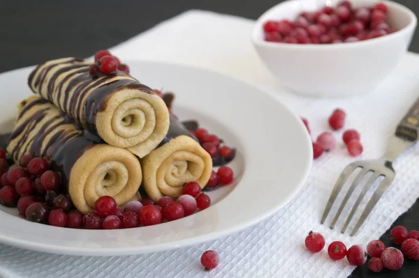 Pancakes Twisted Berries Chocolate Sauc — Stock Fotó