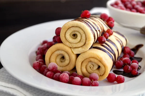 Pancakes Twisted Berries Chocolate Sauc — Stock Fotó