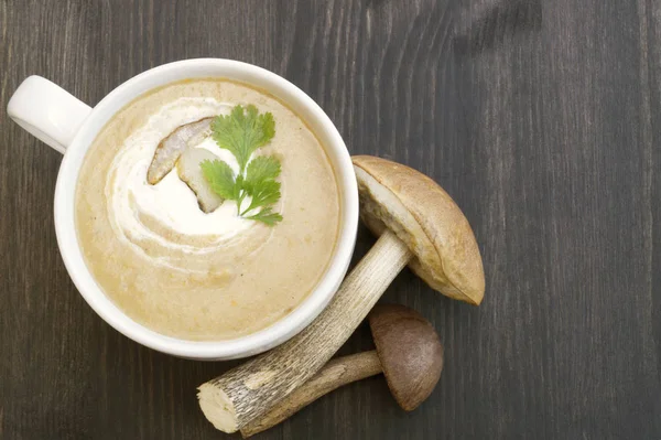 Cream of mushroom soup on a black background. — Stock Photo, Image