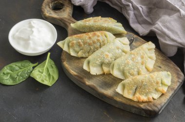 Koyu bir arka plan üzerinde ıspanak ile Vejetaryen ev yapımı köfte.