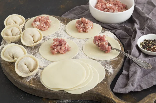 Modellierung von hausgemachten Fleischklößen. Zutaten zum Kochen dum — Stockfoto