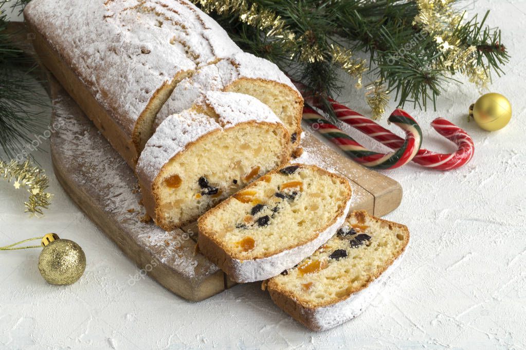 Traditional fruit cake for Christmas with raisins, nuts. with Ch