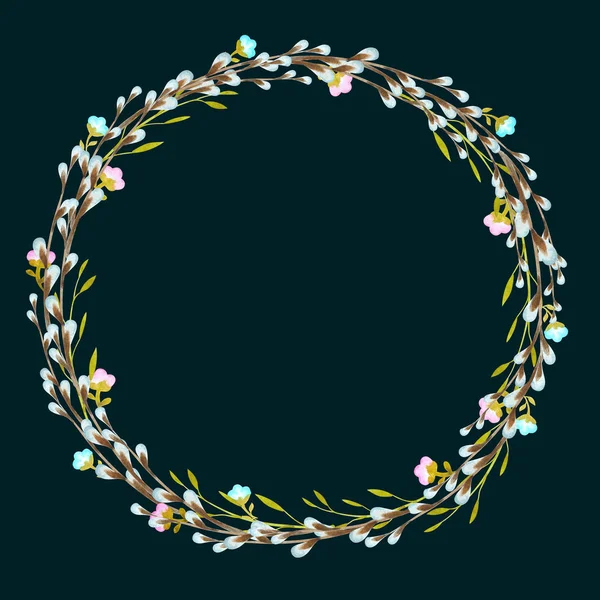 Watercolor frame wreath with spring elements. Branch catkin willow, plants, flower. — Stock Photo, Image