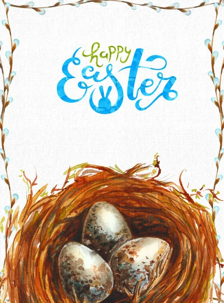 Watercolor illustration Happy Easter. Lettering for Greeting Card.