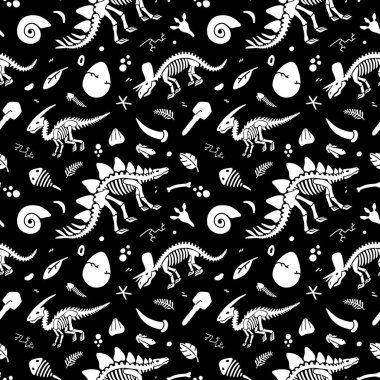 Dinozor iskeletleri ve fosiller. Vektör seamless modeli. 