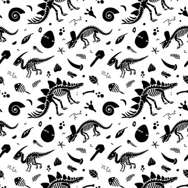 Dinozor iskeletleri ve fosiller. Vektör seamless modeli. 