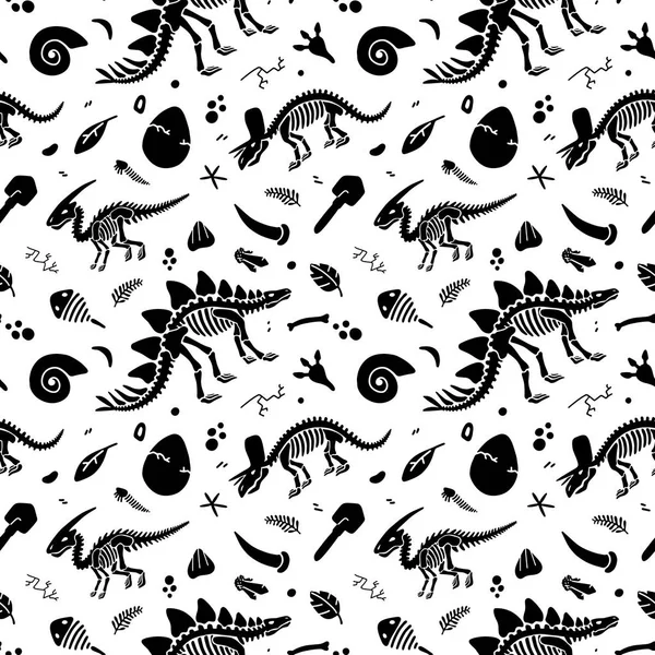 Dinosaur skeletons and fossils. Vector seamless pattern. — Stock Vector
