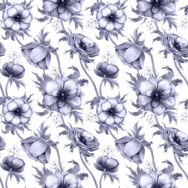 Seamless pattern with watercolor white anemone flowers. Spring floral design for wedding invitation