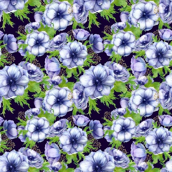 Seamless pattern with watercolor white purple anemone flowers. Spring floral design for wedding invitation — Stock Photo, Image