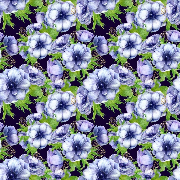 Seamless pattern with watercolor white purple anemone flowers. Spring floral design for wedding invitation