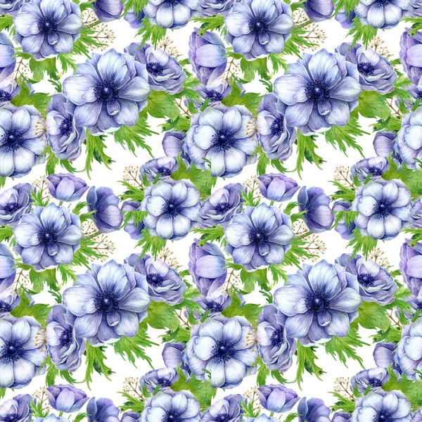 Seamless pattern with watercolor white purple anemone flowers. Spring floral design for wedding invitation