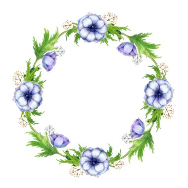 Suluboya anemone çiçekli çerçeve. Bahar dalları anemon çiçekleri ve tüyleri ile.