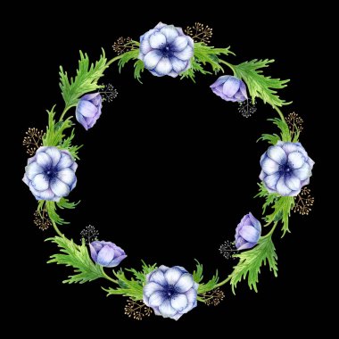 Suluboya anemone çiçekli çerçeve. Bahar dalları anemon çiçekleri ve tüyleri ile.