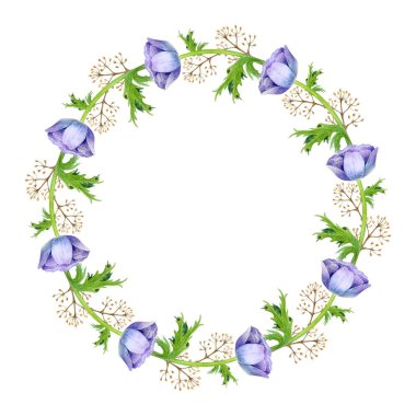 Suluboya anemone çiçekli çerçeve. Bahar dalları anemon çiçekleri ve tüyleri ile.