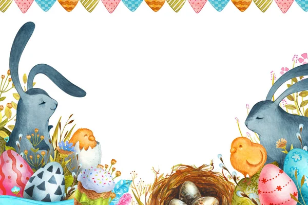 Ilustracja akwarela Happy Easter. Króliczki wielkanocne i jajka wielkanocne. — Zdjęcie stockowe